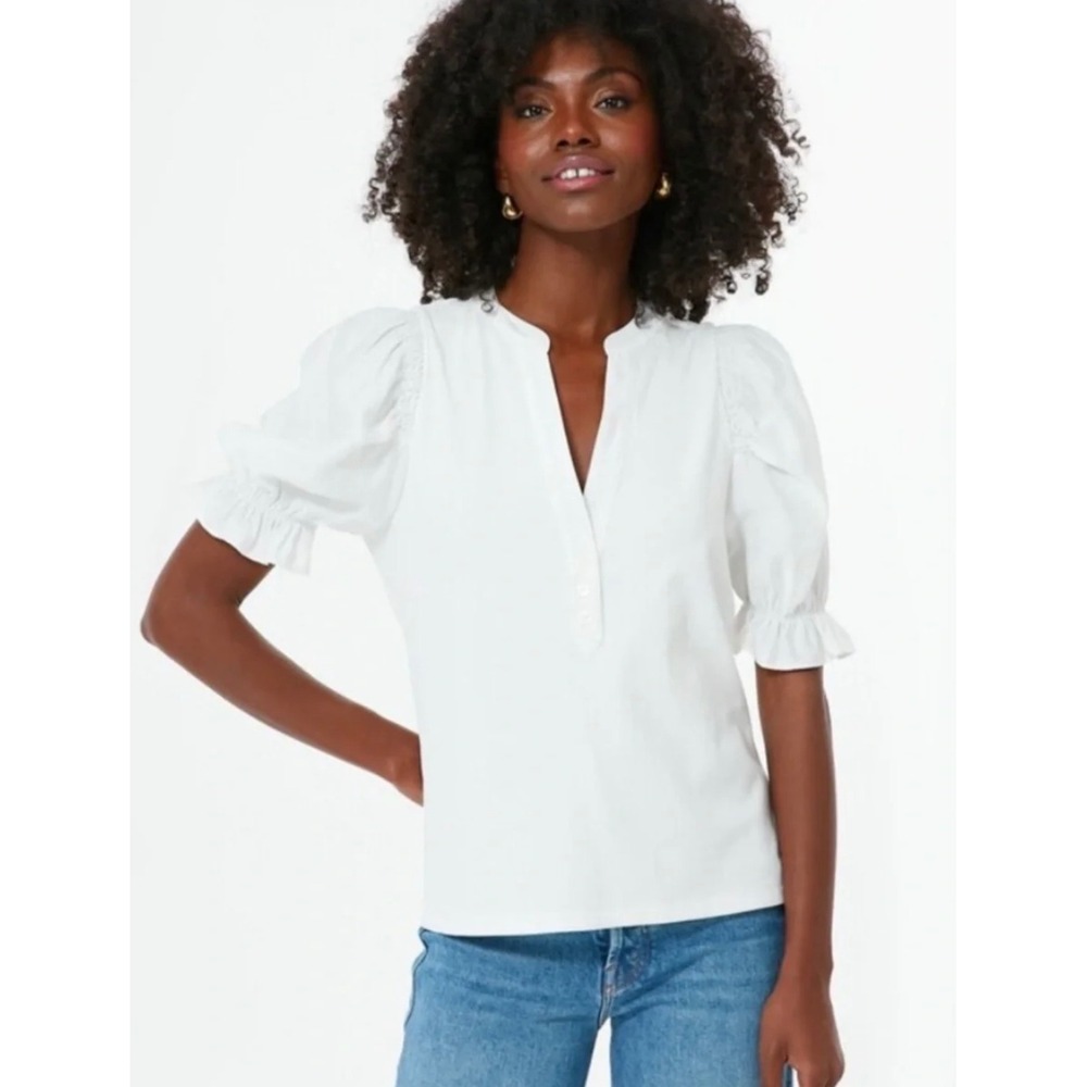 Pomander Place Mixed Media Puff Sleeve Top Medium White Ribbed Henley Blouse